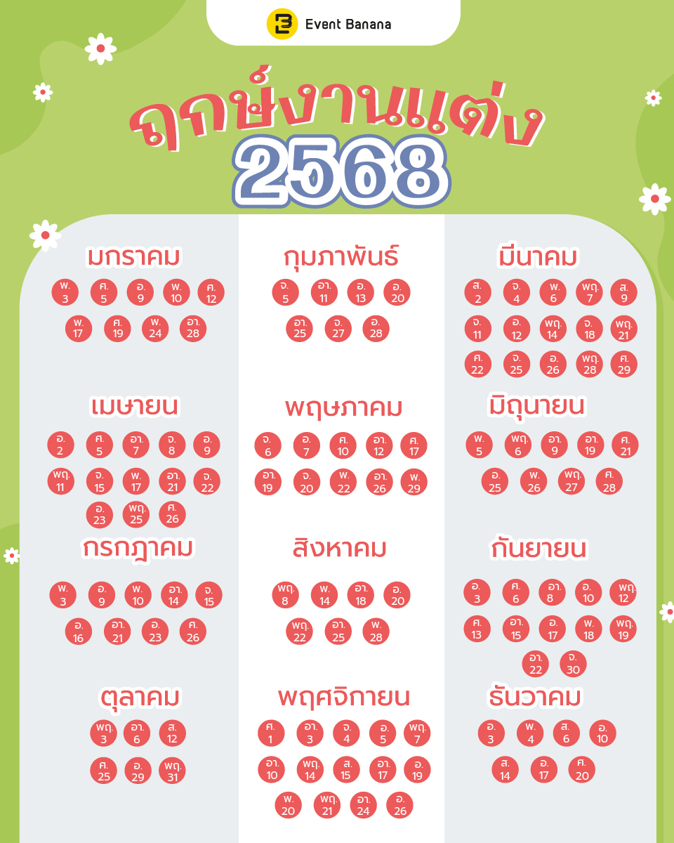 ฤกษ์จัดงานแต่งงานตุลาคม 2568 เสริมดวงโชคลาภ